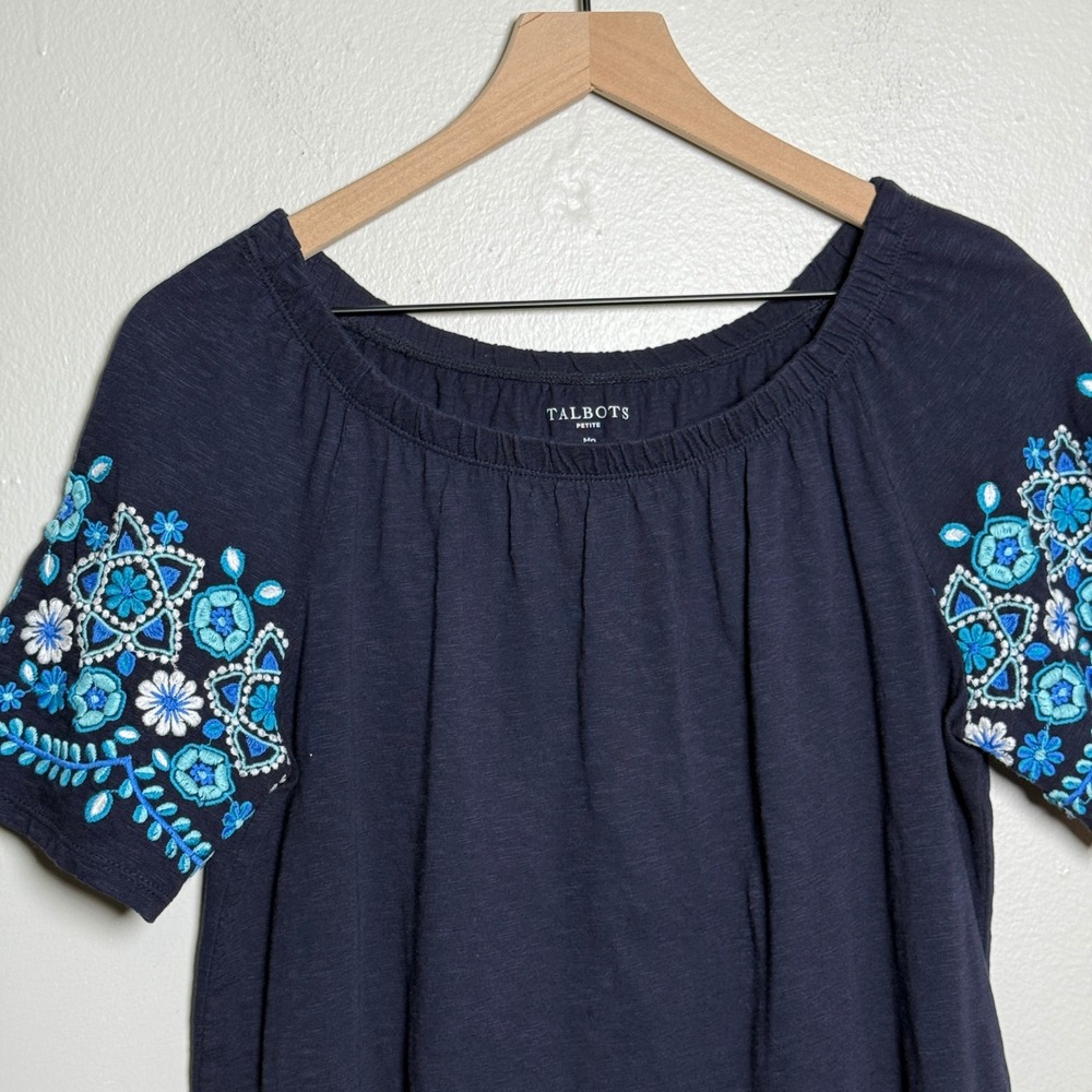 Talbots Womens‎ Blouse M Petite Blue Cotton Embroidered Floral Off Shoulder Boho - Picture 5 of 8